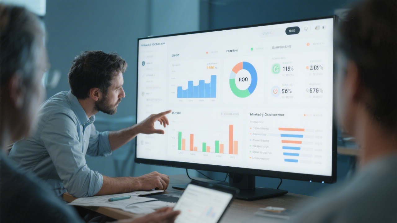 Analyst reviewing marketing performance dashboards with charts, ROI metrics, and campaign KPIs on a large monitor during a training session.