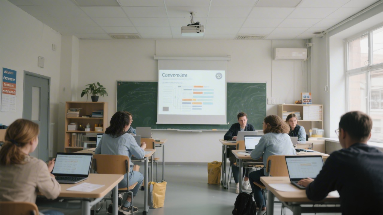 Wide shot of a classroom with desks, laptops, and presentation screen, showing participants working together on campaign planning.