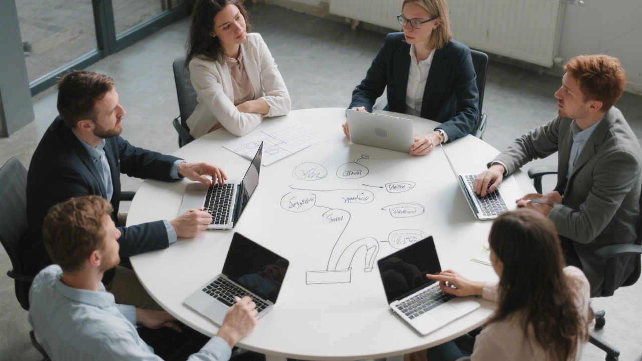 Small group of business owners collaborating at a round table with laptops, sketching marketing funnels and discussing practical campaign steps.