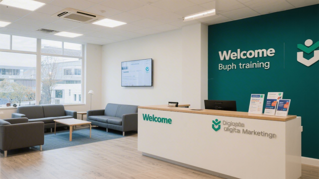 Reception area of a professional Dublin training office with seating, welcome desk, and informational brochures on digital marketing courses.