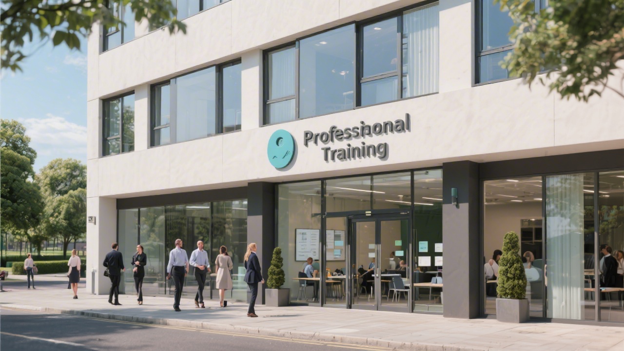 Exterior view of a professional training building near St Stephen’s Green with modern signage, glass entrance, and people arriving for a business workshop.
