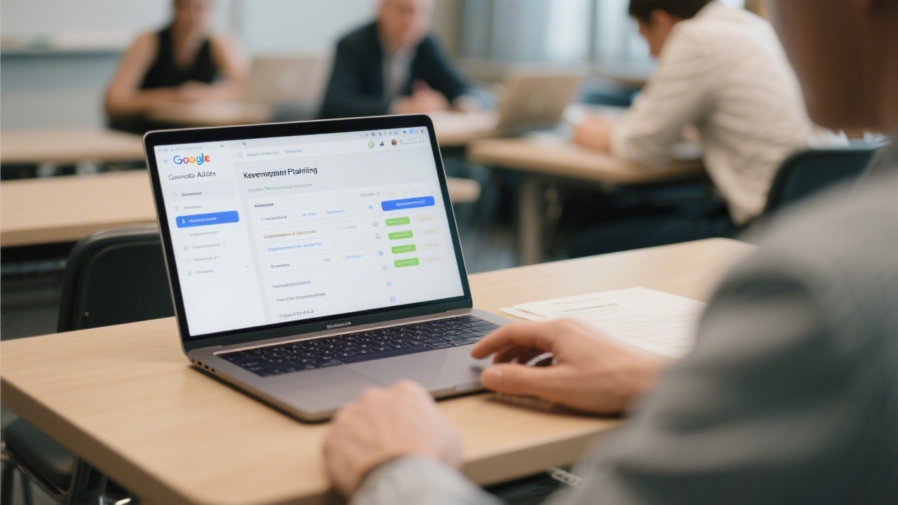 Close view of a computer screen showing a Google Ads campaign builder with keyword groups, ad copy drafts, and conversion tracking setup.