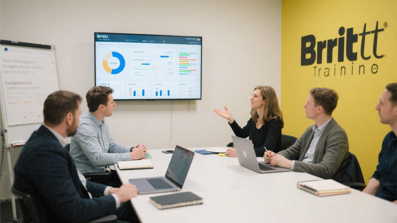 Bright training room in Dublin with a small group of SME owners discussing marketing strategy around laptops, notebooks, and a wall screen showing campaign dashboards.