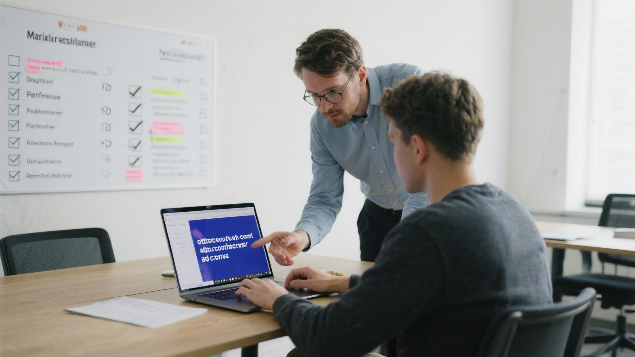 Instructor helping a participant optimise ad copy on a laptop, with checklists and performance notes visible on the desk.